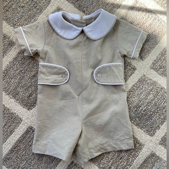 Anvy Kids Peter Pan Collar Taupe Linen Romper Baby Boy Size 3 months - Picture 1 of 6